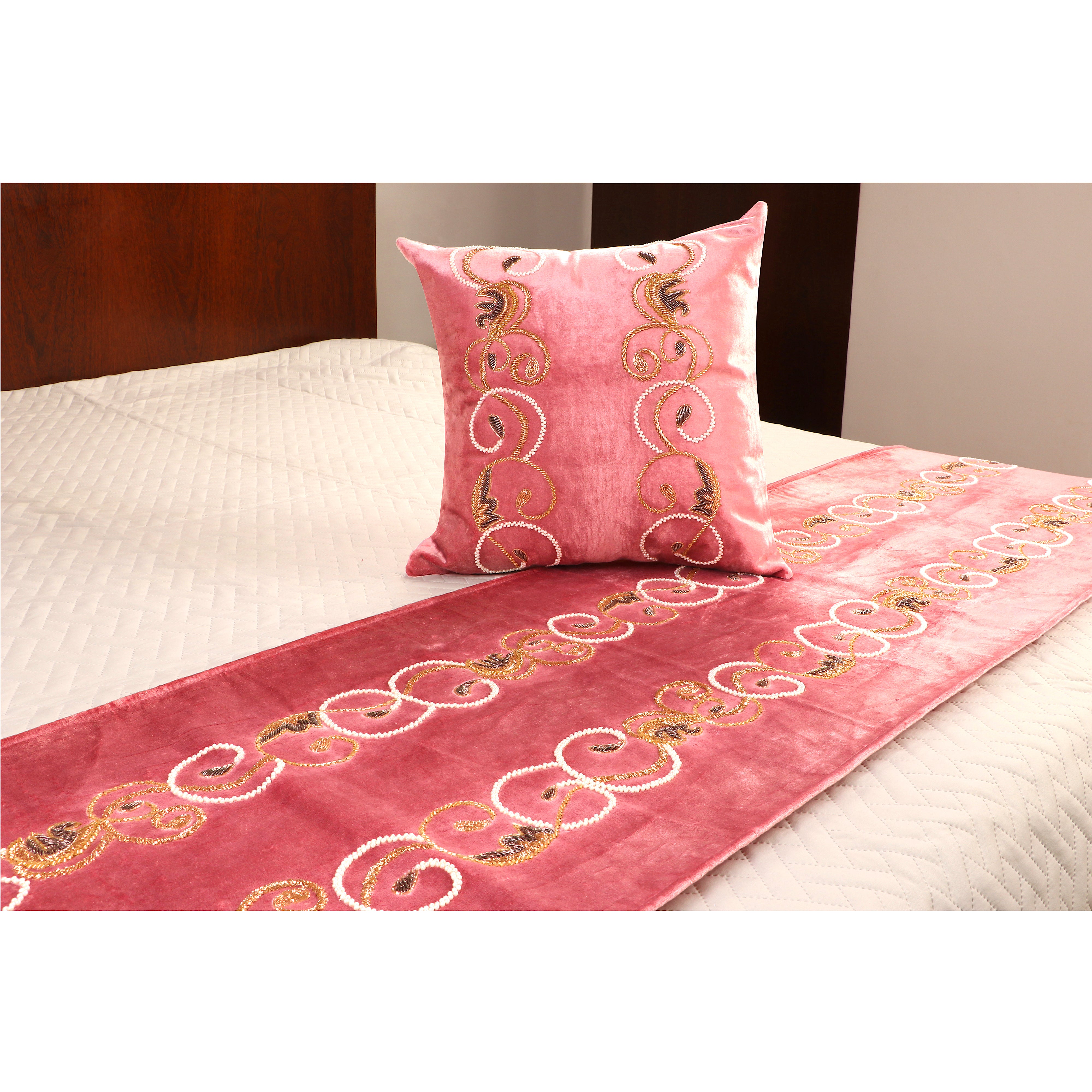 Autumn Swirl -Rose pink Velvet Bed runner With Matching Decorative Throw Pillows Handbeaded in swirl leaf pattern
