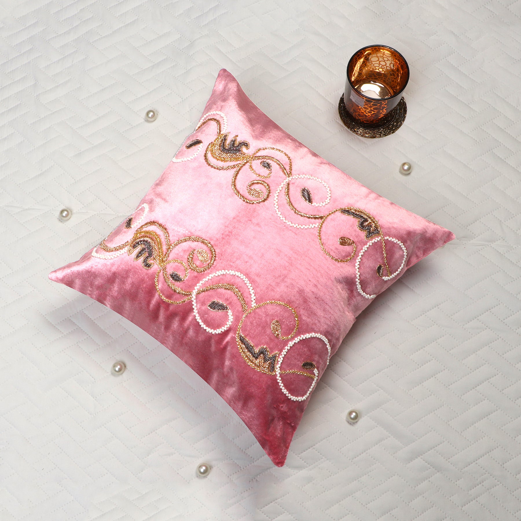 Autumn Swirl Pillow Cover -Rose pink Velvet Decorative Throw Pillow Cover Beaded in swirl leaf pattern