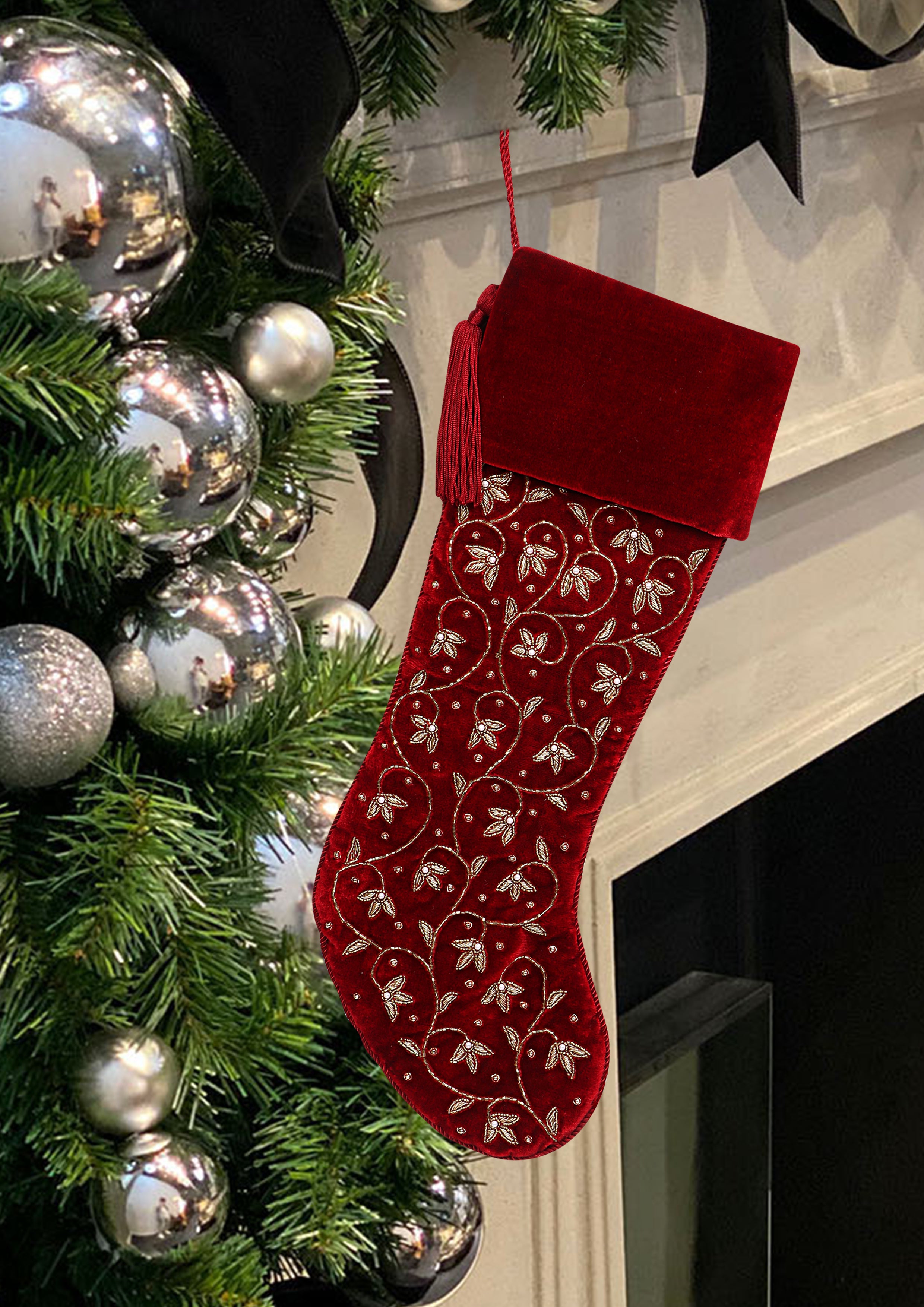 Personalised Intricate leaf Christmas Stocking- Red Velvet Christmas stocking Embroided with intricate leaf