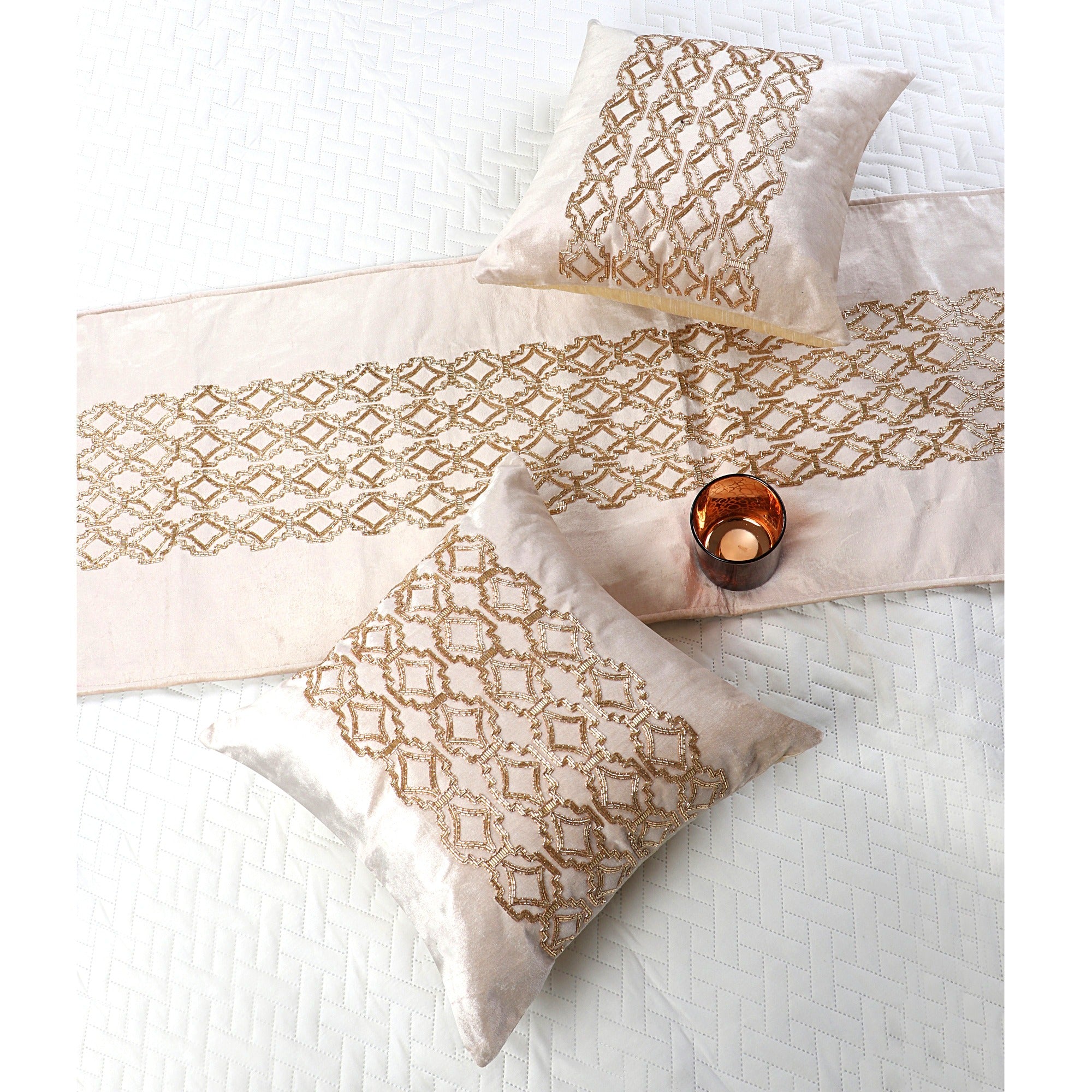 The Vintage criss cross Beige Velvet Bed Runner With Matching Decorative Throw Pillows Beaded in Criss cross pattern