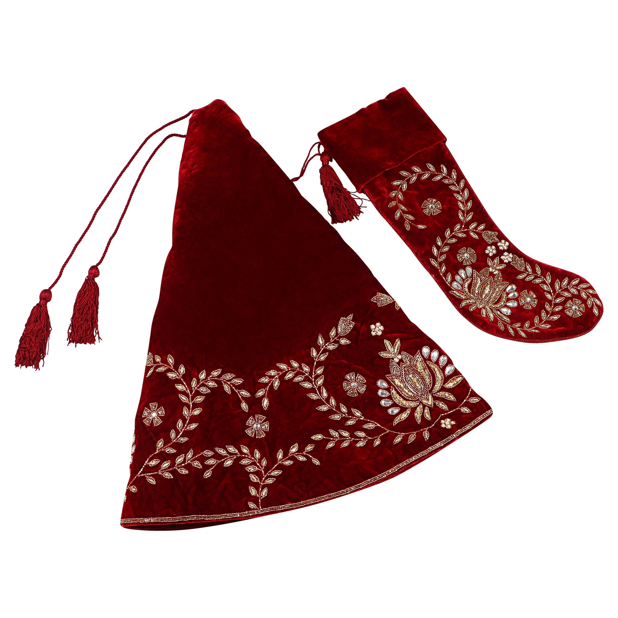 Beaded Lotus Red Velvet Christmas Tree Skirt & Matching Christmas Stocking Set