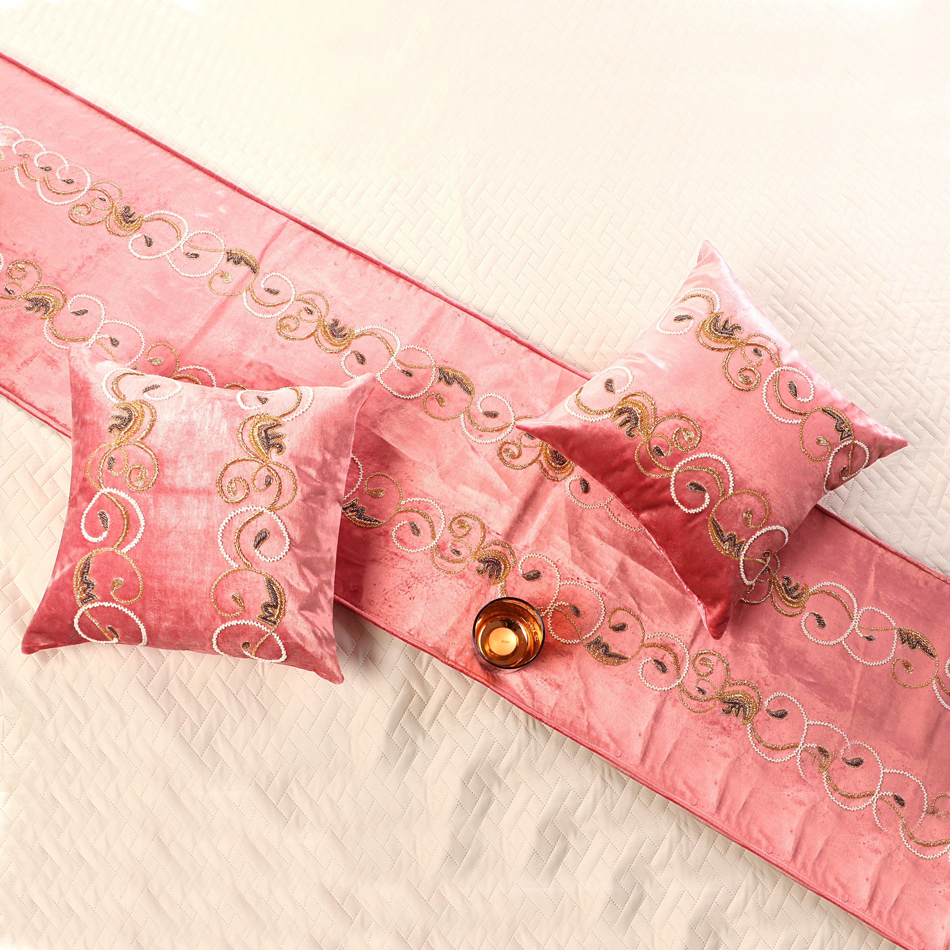 Autumn Swirl -Rose pink Velvet Bed runner With Matching Decorative Throw Pillows Handbeaded in swirl leaf pattern