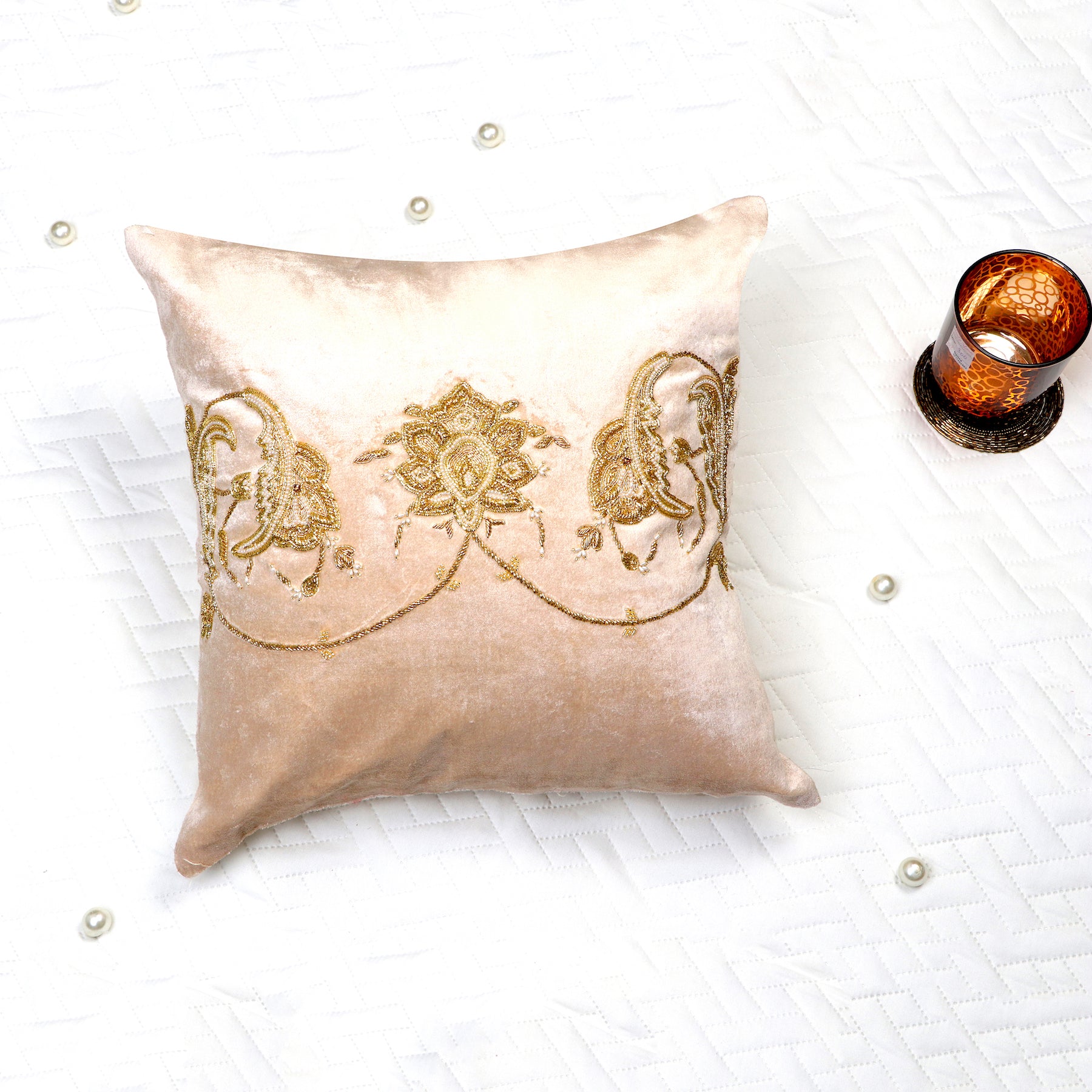 THE VICTORIAN Pillow cover BEIGE VELVET Decorative Throw Pillow cover Beaded in victorian leaf