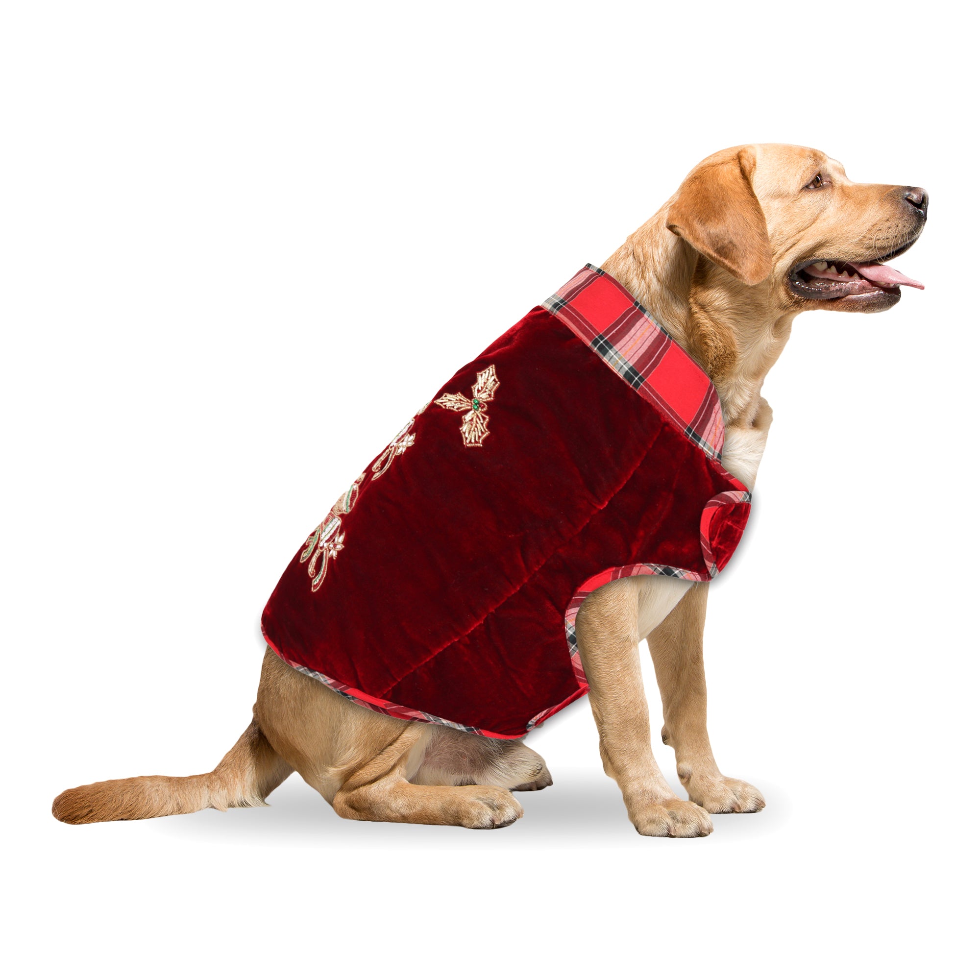 Red Christmas Dog jacket  Embroided Velvet Dog jacket with Christmas Bells