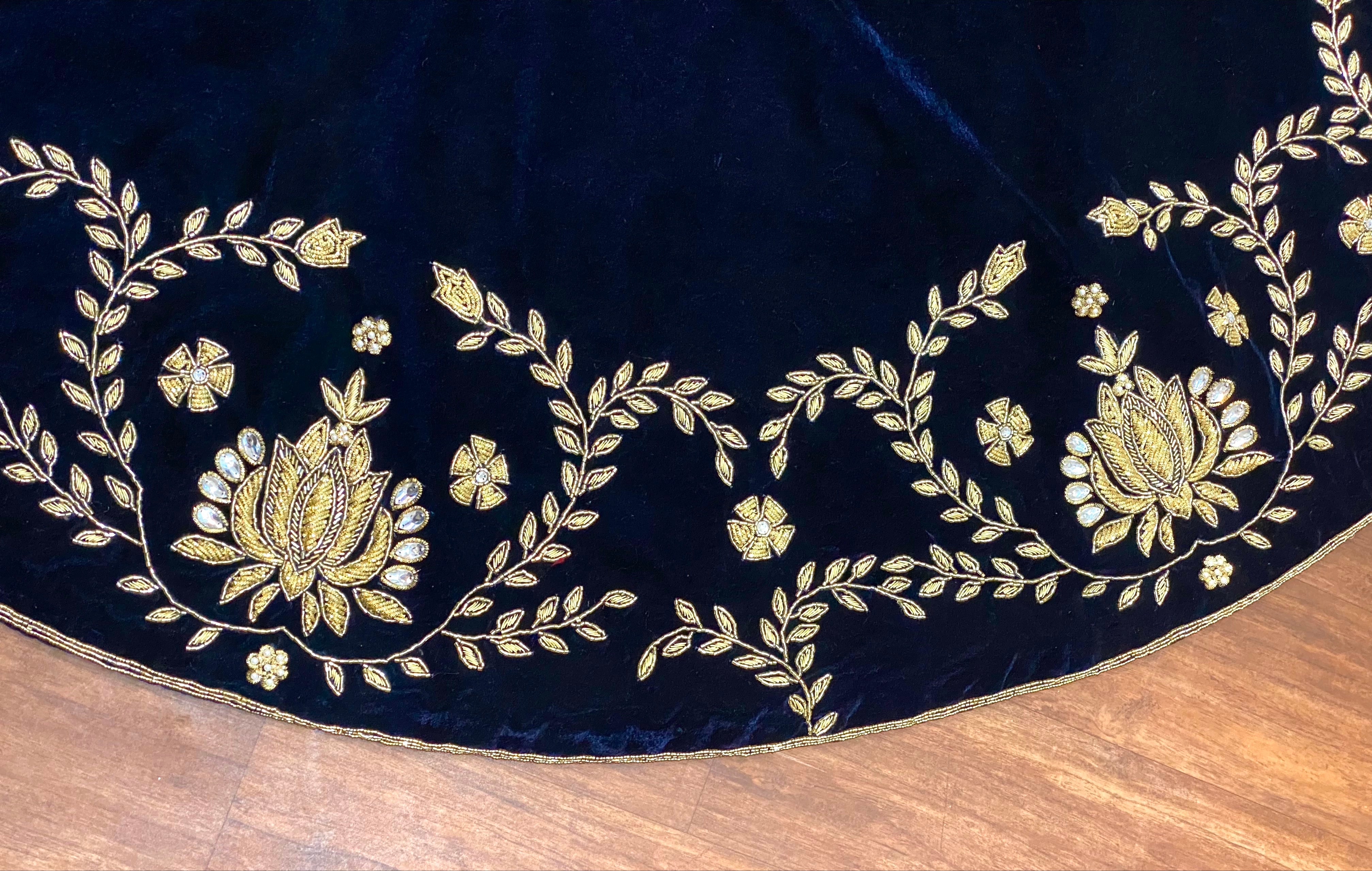Beaded Lotus Navy Blue Velvet Christmas Tree Skirt