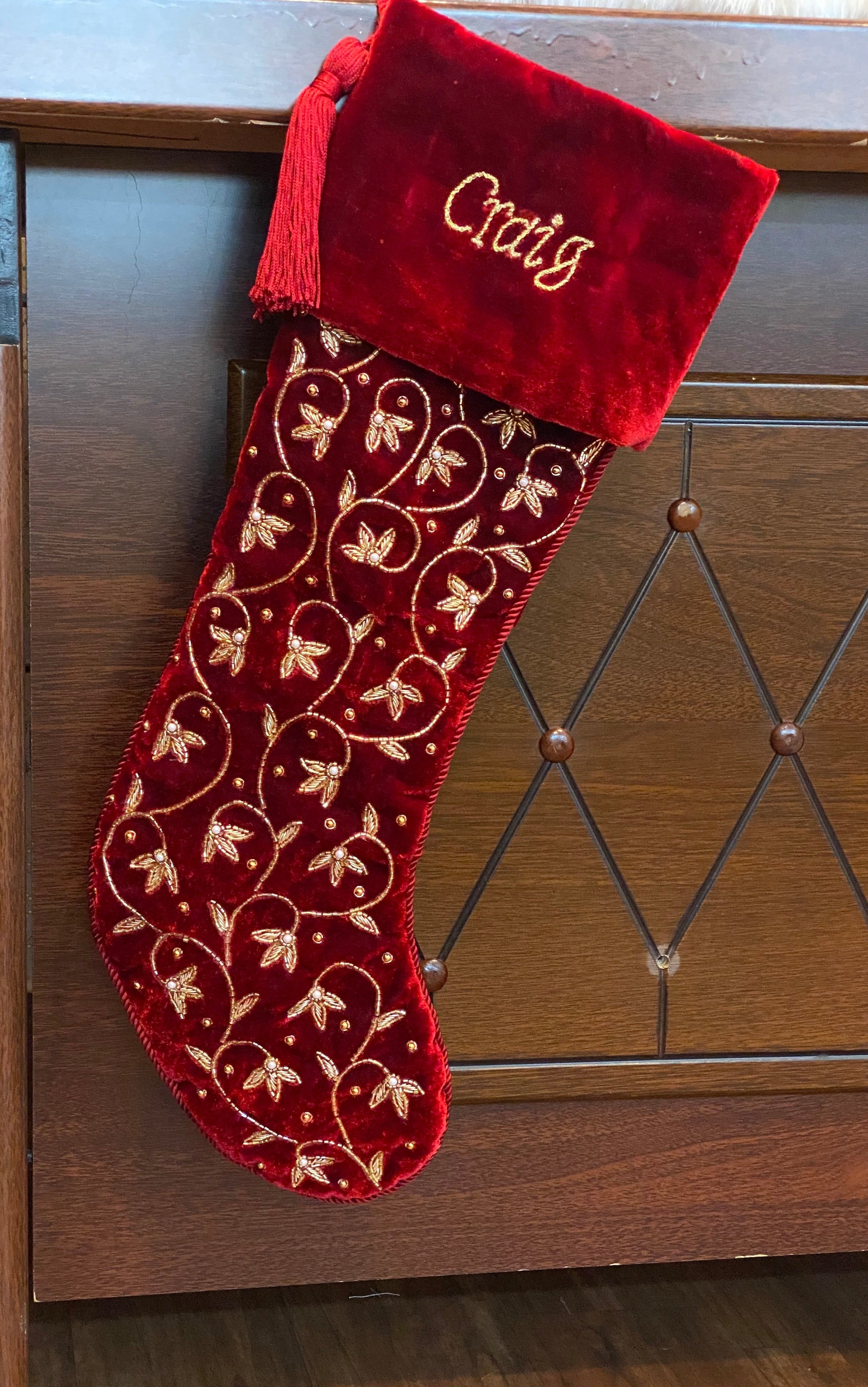 Personalised Intricate leaf Christmas Stocking- Red Velvet Christmas stocking Embroided with intricate leaf