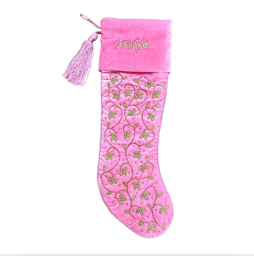 Personalised Intricate leaf Christmas Stocking- Pink Velvet Christmas stocking Embroided with intricate leaf