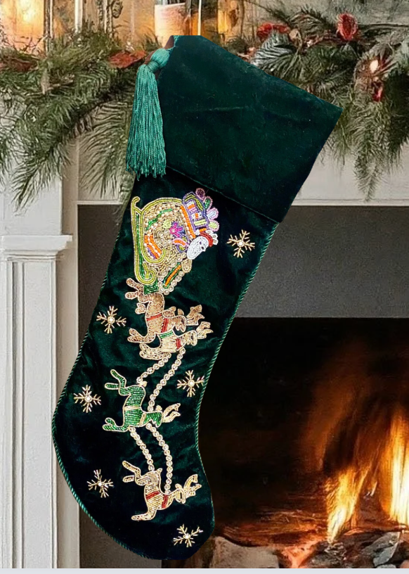 PERSONALISED SANTA CARRIAGE GREEN VELVET CHRISTMAS STOCKING