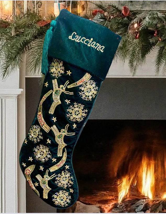 PERSONALISED REINDEER SNOWFLAKE GREEN VELVET CHRISTMAS STOCKING