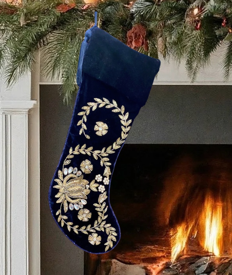 PERSONALISED LOTUS NAVY BLUE VELVET CHRISTMAS STOCKING