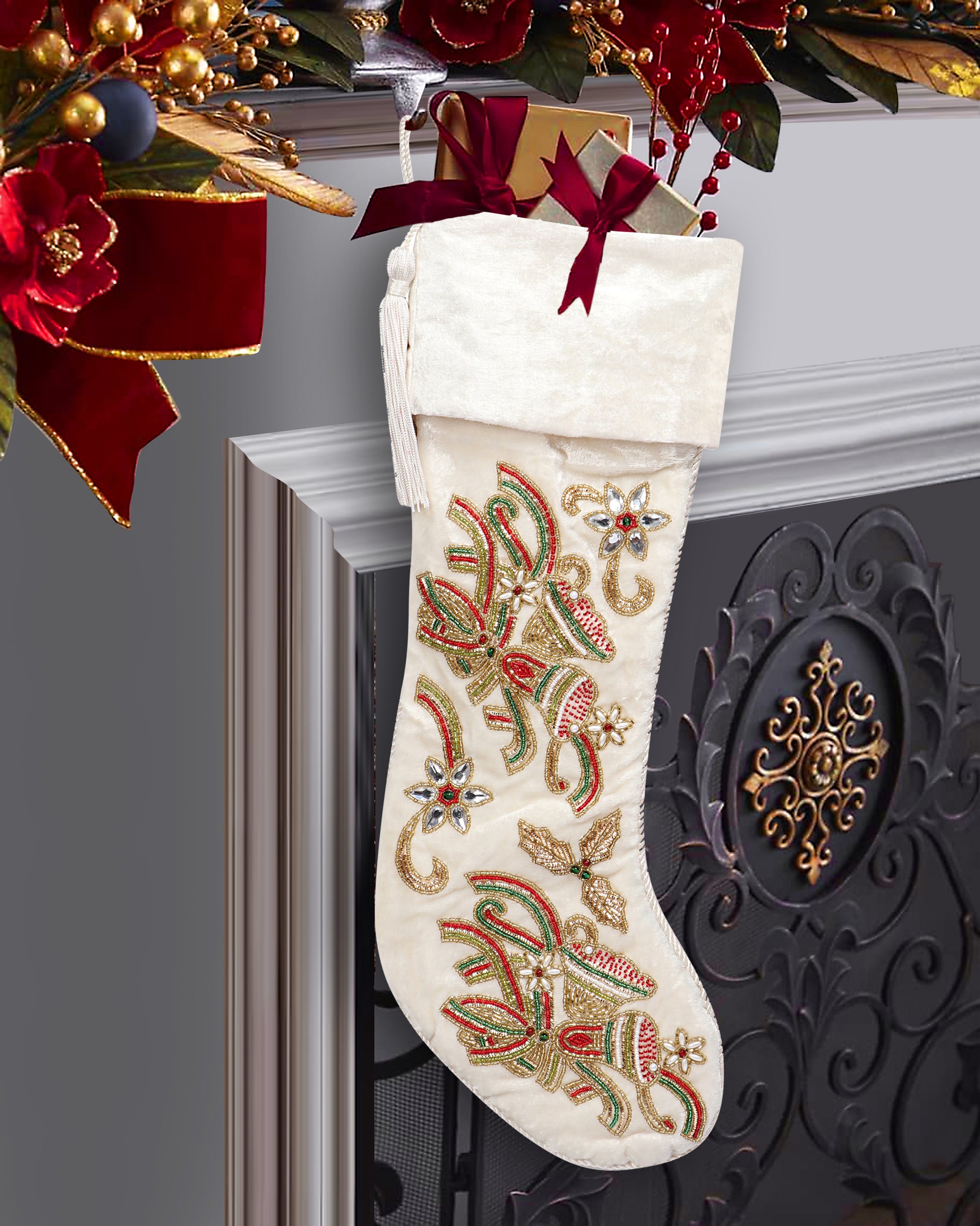 Christmas Bells Embroided White Velvet Christmas Tree Skirt & Matching Stocking Set